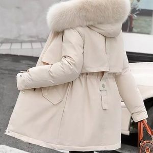 Cream Faux Fur Warm Parka Wind Breaker Hood Fleece Lined Zip Winter Coat Jacket